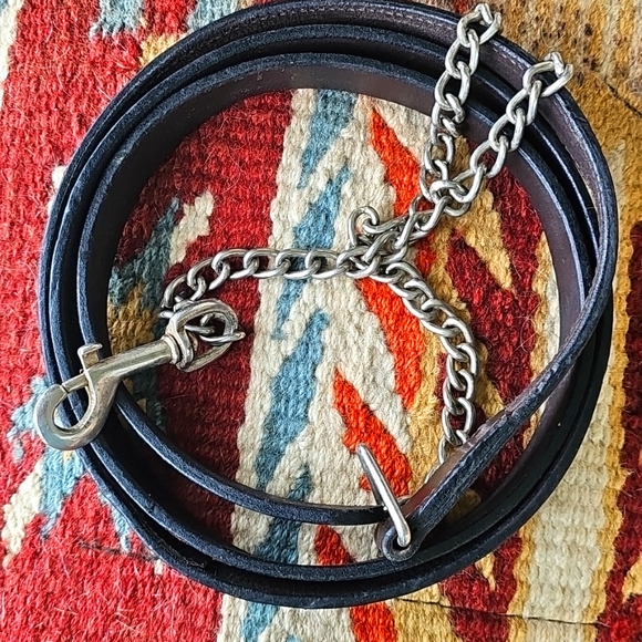 NEW!!!  Dark Brown Leather Horse Lead 68"with 27" Silver Plate Stud Chain. - Picture 1 of 8